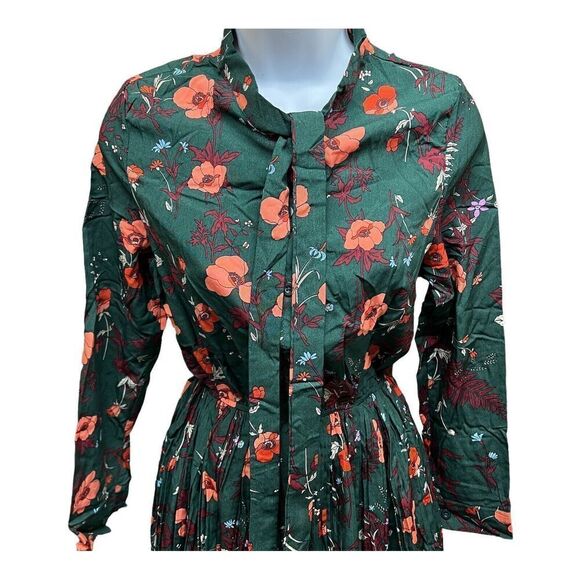 Floral Dress‎ Women’s M Green Modest Long Sleeve Pleated Elastic Waist - Picture 14 of 16